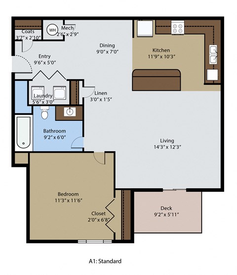 Floor plan for 1 bed, 1 bath, 786 sqft